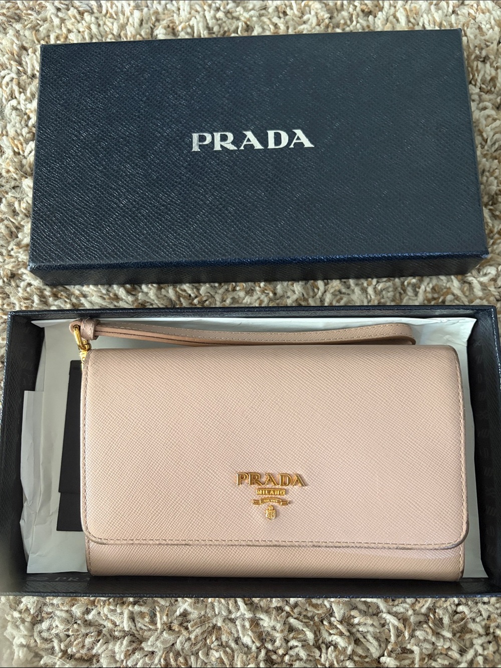 Prada Pink Saffiano Leather Wristlet Clutch with Gold Logo - Picture 1 of 8